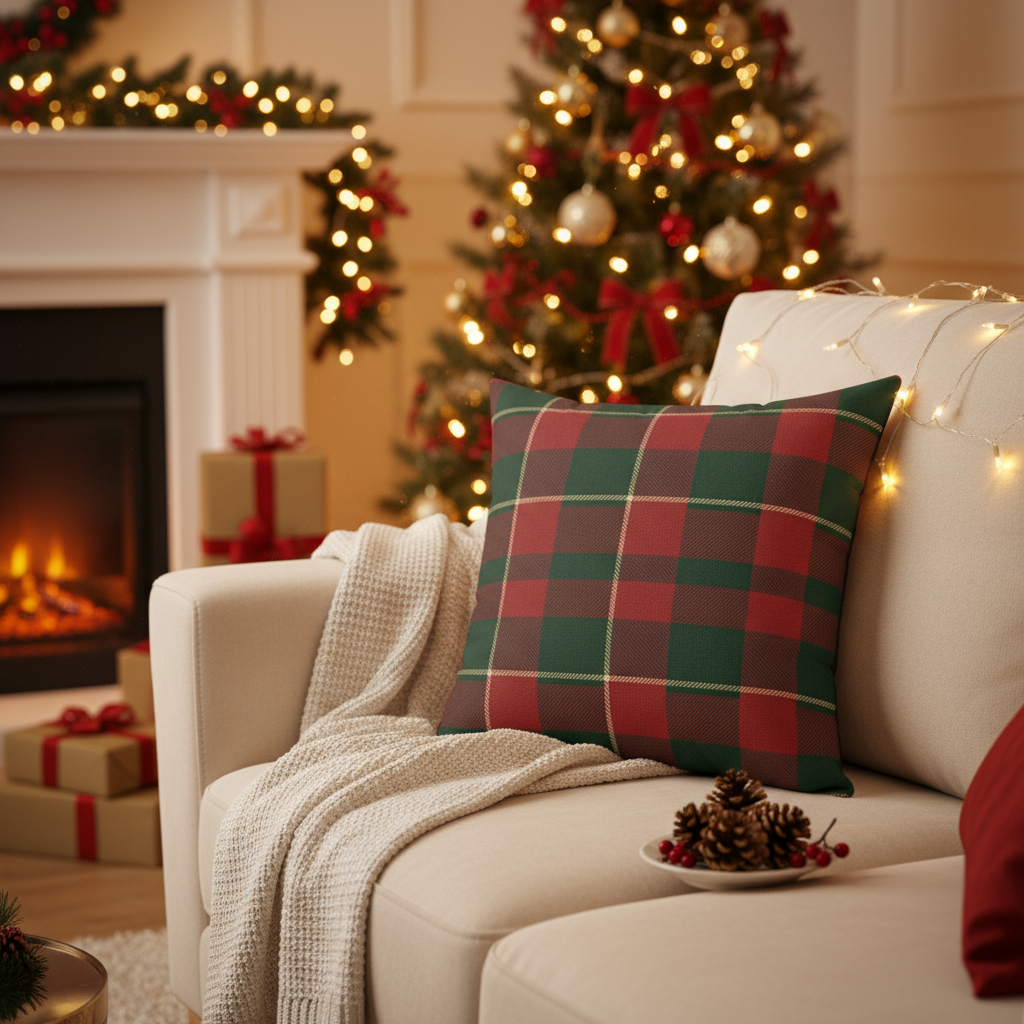 Christmas Plaid Throw Pillow — Red & Green Holiday Decorative Cushion