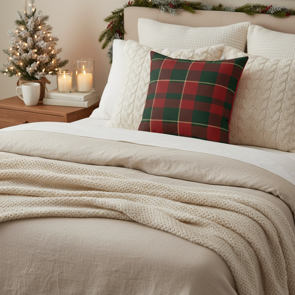 Cozy bedroom with a bed featuring plaid pillow, candles, and a small Christmas tree.