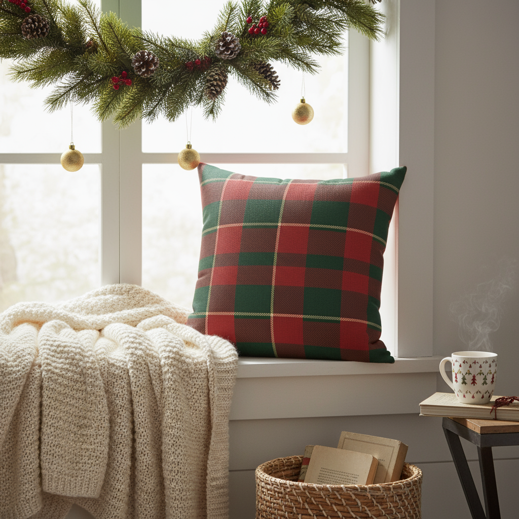 Plaid pillow on a windowsill with Christmas decorations and a blanket.