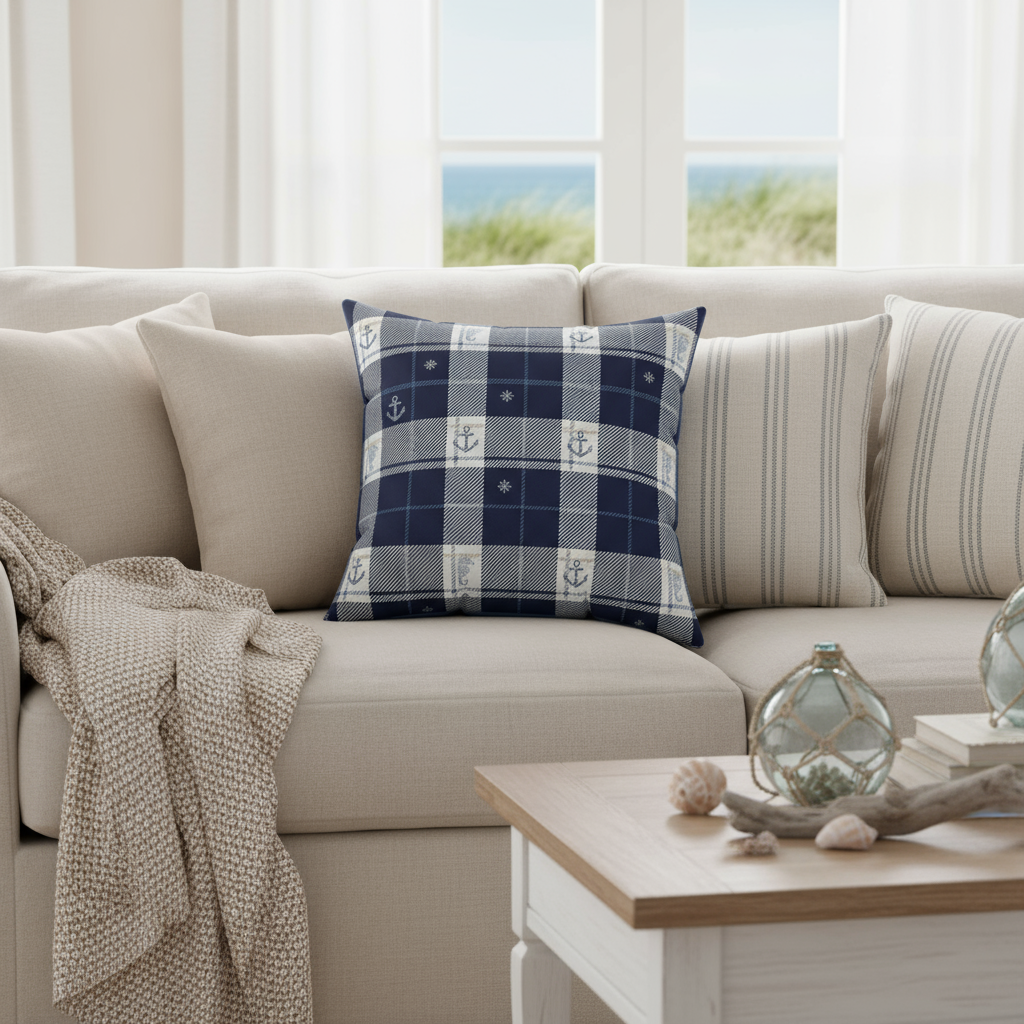 Beige sofa with a blue and white checkered pillow, draped blanket, and coastal decor.