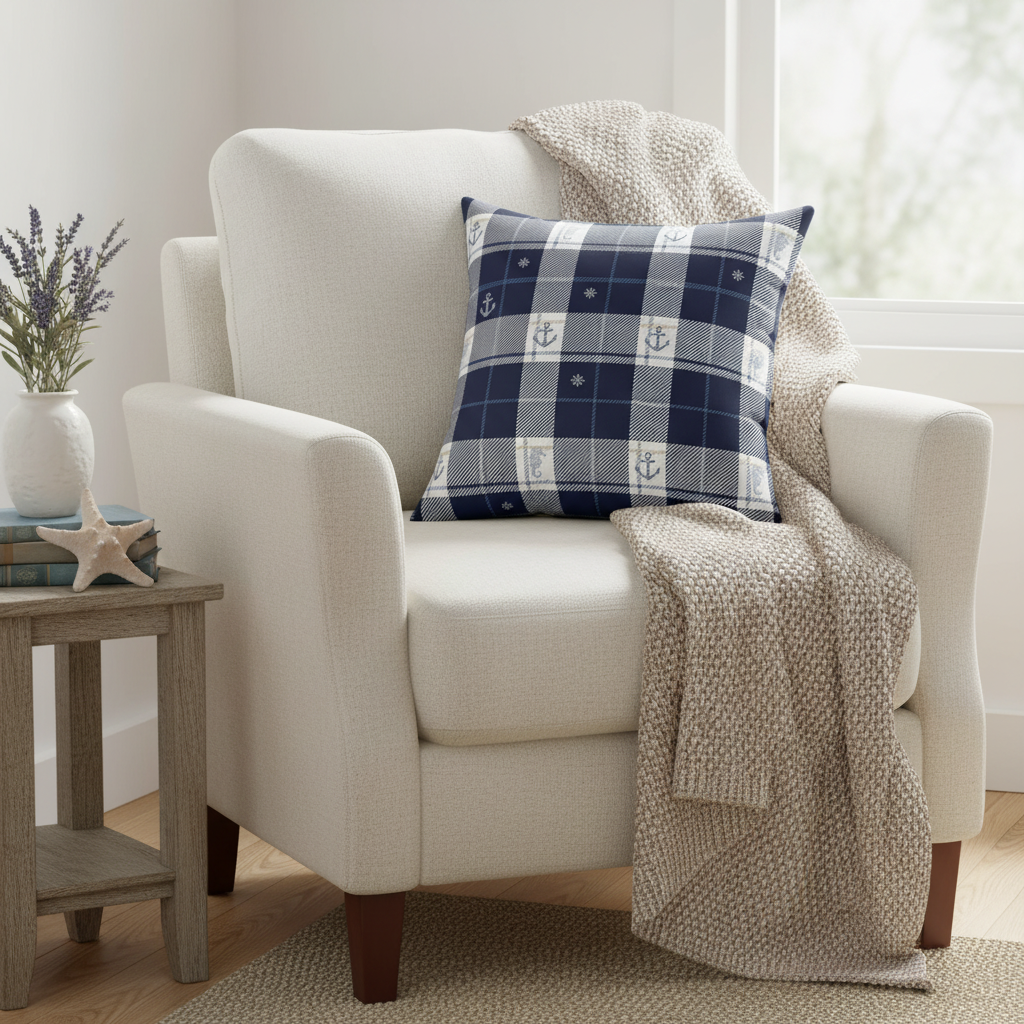 Beige armchair with a blue and white checkered pillow and beige blanket in a room with a small table and plant.