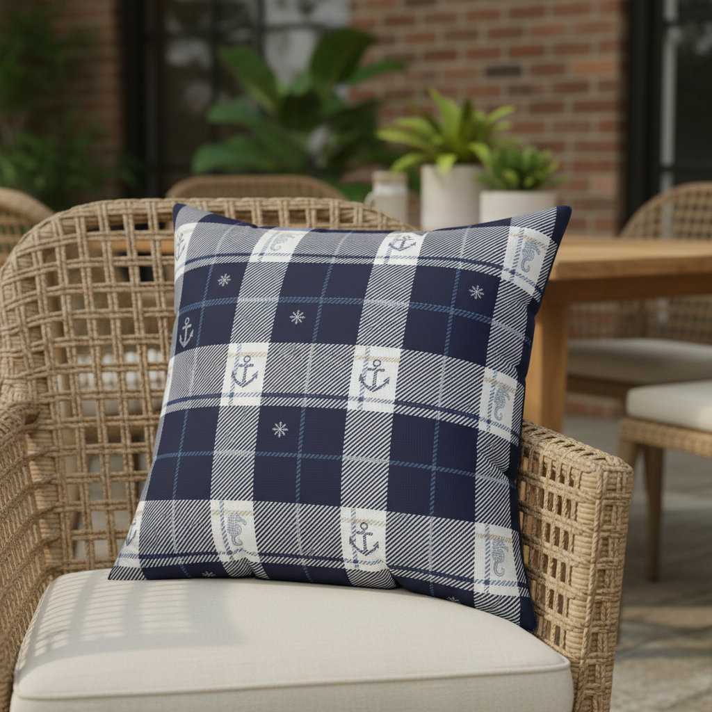Navy and white checkered pillow with anchor pattern on a wicker chair outdoors.