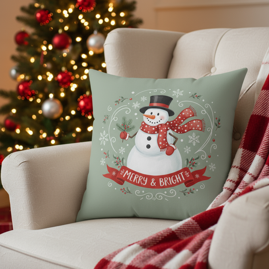 Decorative pillow with a snowman design and 'Merry & Bright' text on a couch with a Christmas tree in the background.