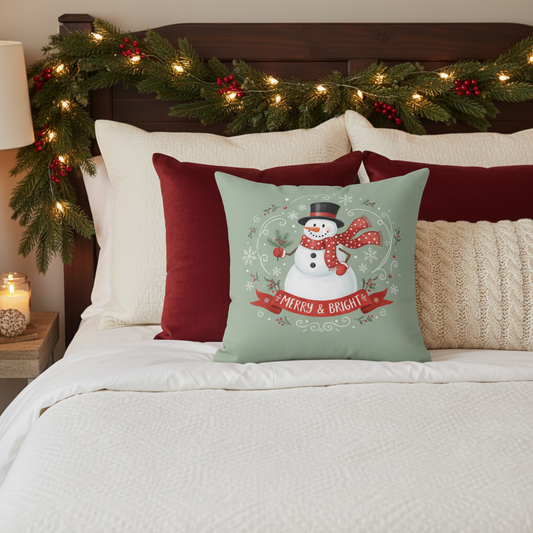 Decorative pillow with a snowman design on a bed with Christmas decorations.