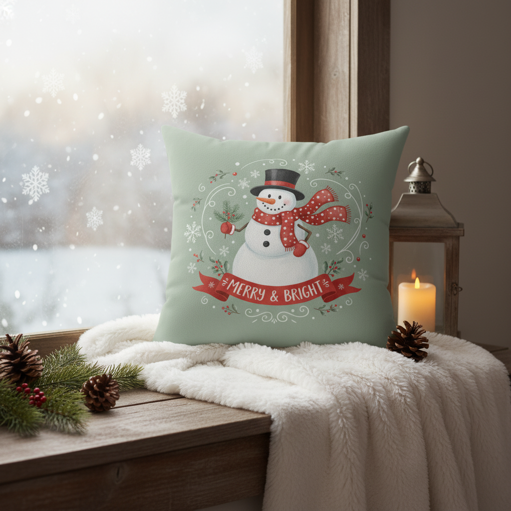 Decorative pillow with a snowman design and 'Merry & Bright' text on a cozy Christmas setting.