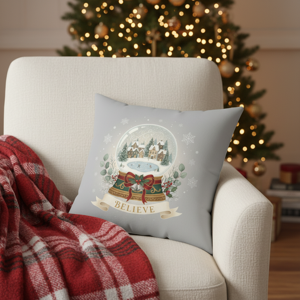 Snow Globe Spun Polyester Pillow - Hand-Illustrated Winter Holiday Decor