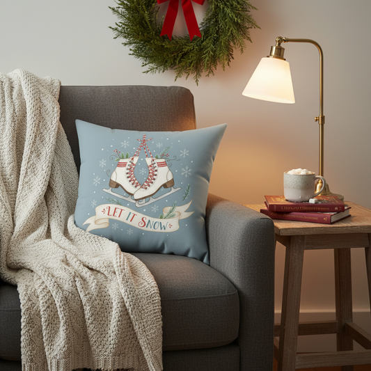 Cozy living room with a gray armchair, decorative pillow, and a small table with a mug and books.