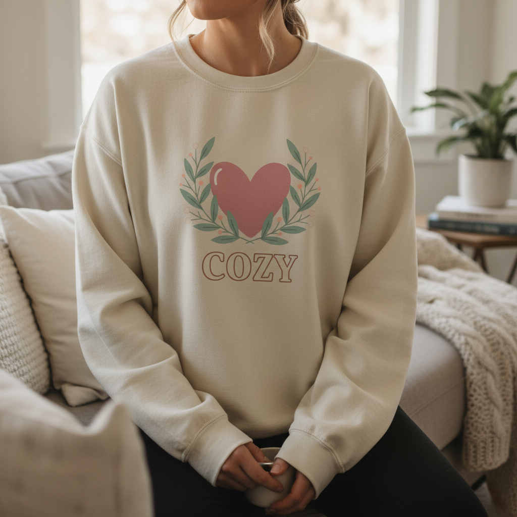 Person wearing a cream sweatshirt with a heart and wreath design and the word 'cozy'.