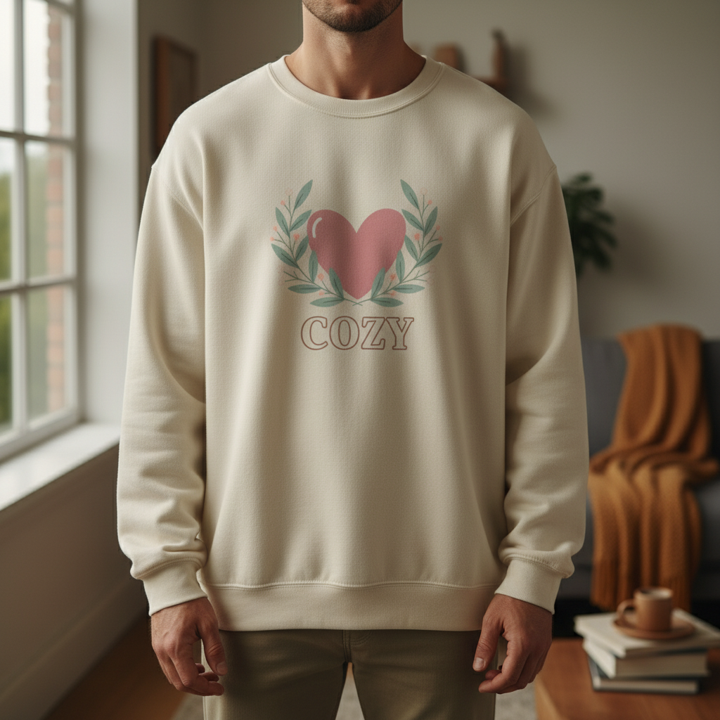 Person wearing a cream sweatshirt with a heart and wreath design and the word 'COZY'.
