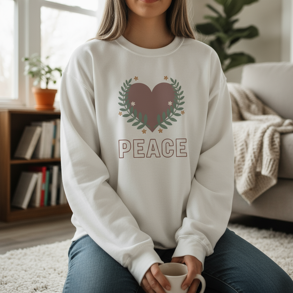 Peace Heart Crewneck Sweatshirt - Retro Olive Laurel Graphic