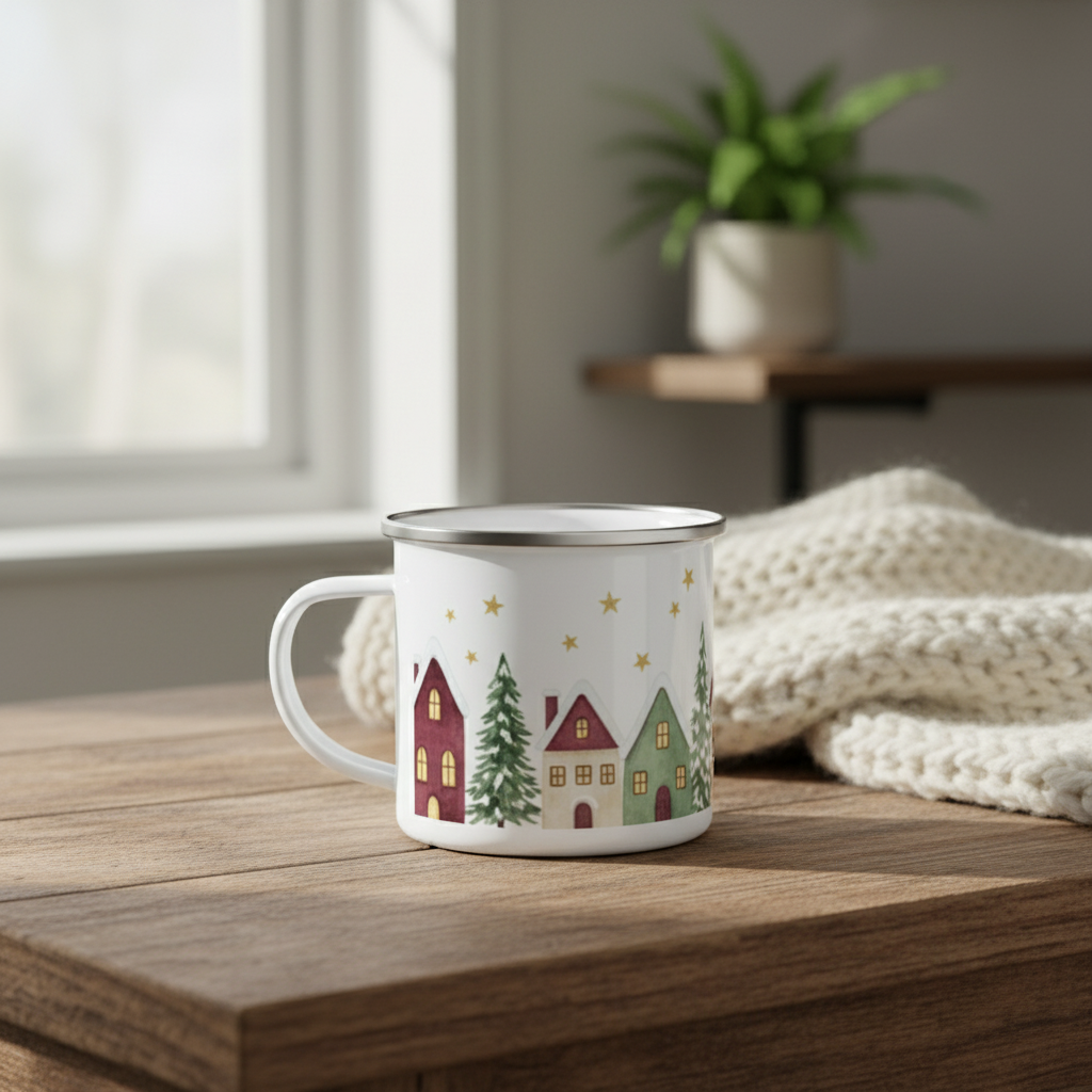Enamel Mug - Cozy Christmas Village Holiday Camping Cup