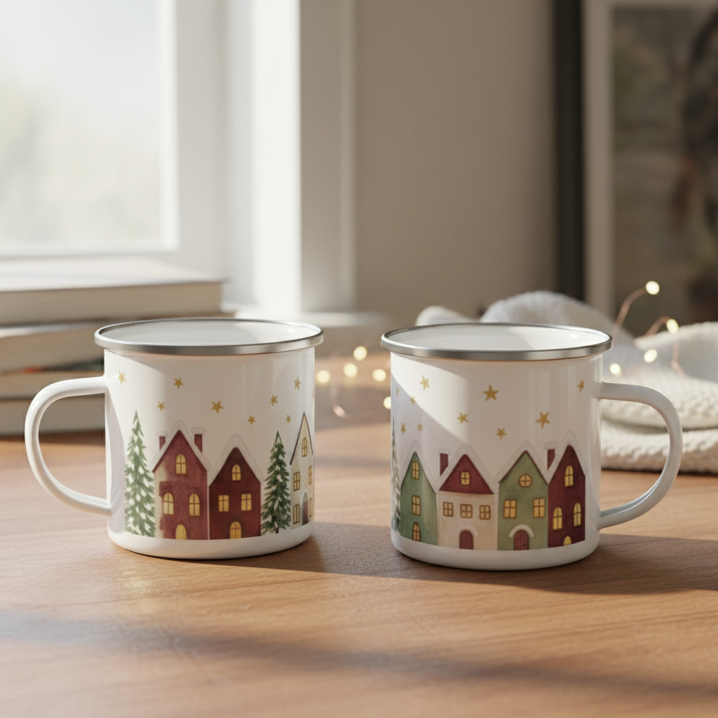 Enamel Mug - Cozy Christmas Village Holiday Camping Cup