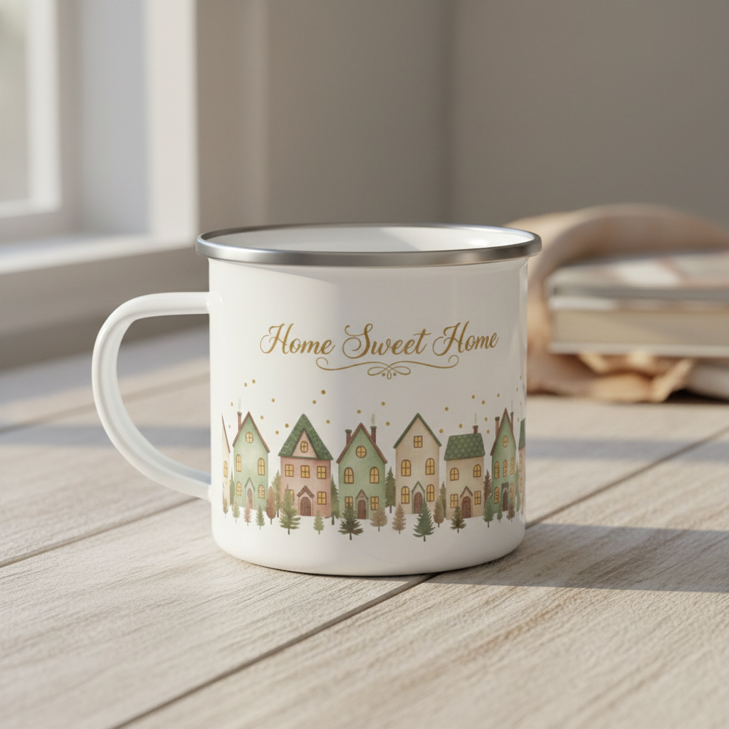 Enamel Mug - Home Sweet Home Cozy Village Cottage Coffee Cup