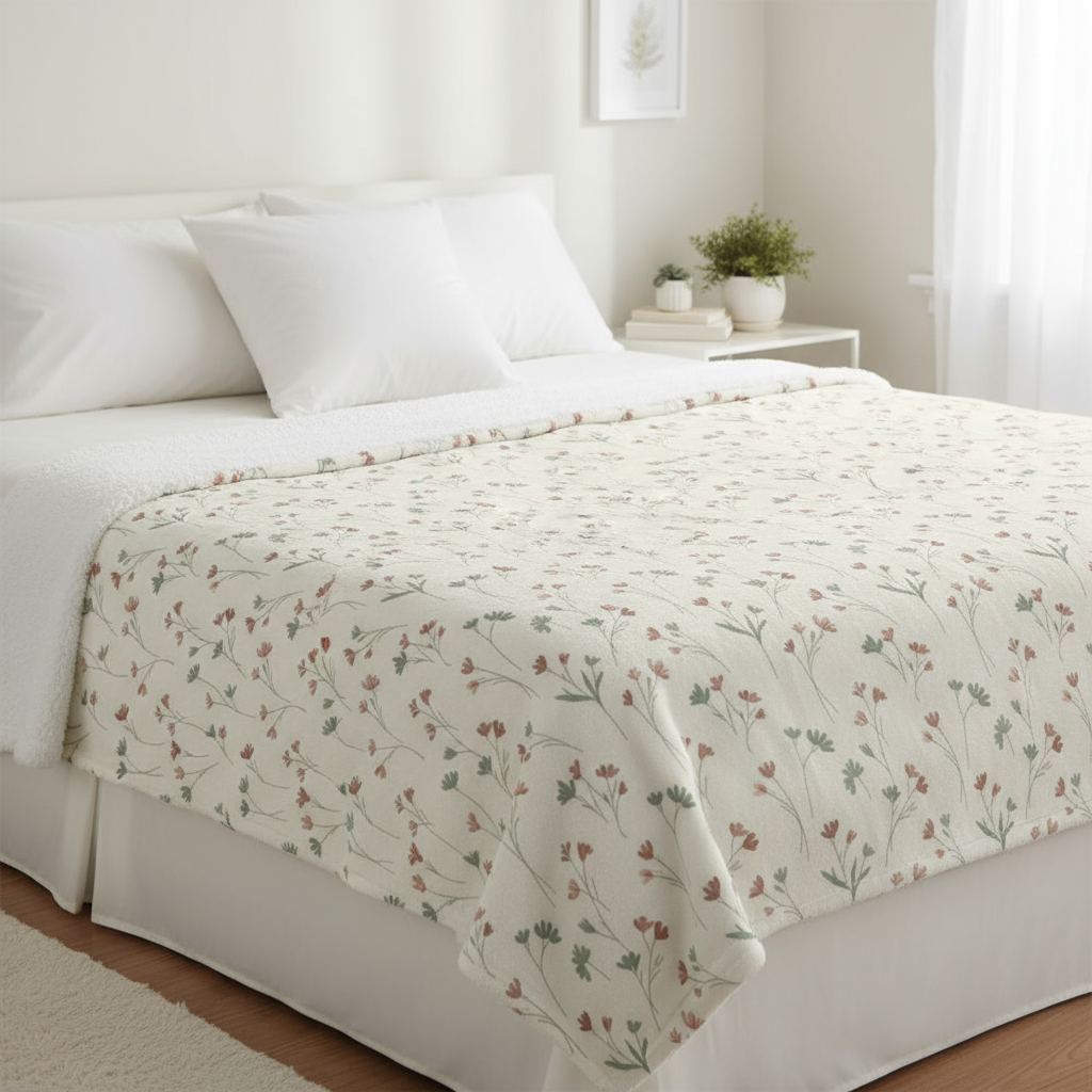 Floral Sherpa Blanket – Soft Cream Wildflower Fleece Throw