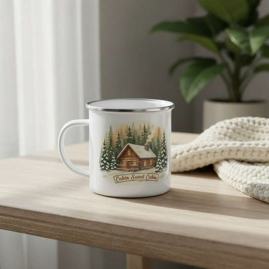 Cabin Sweet Cabin enamel camping mug with winter cabin design on white background

