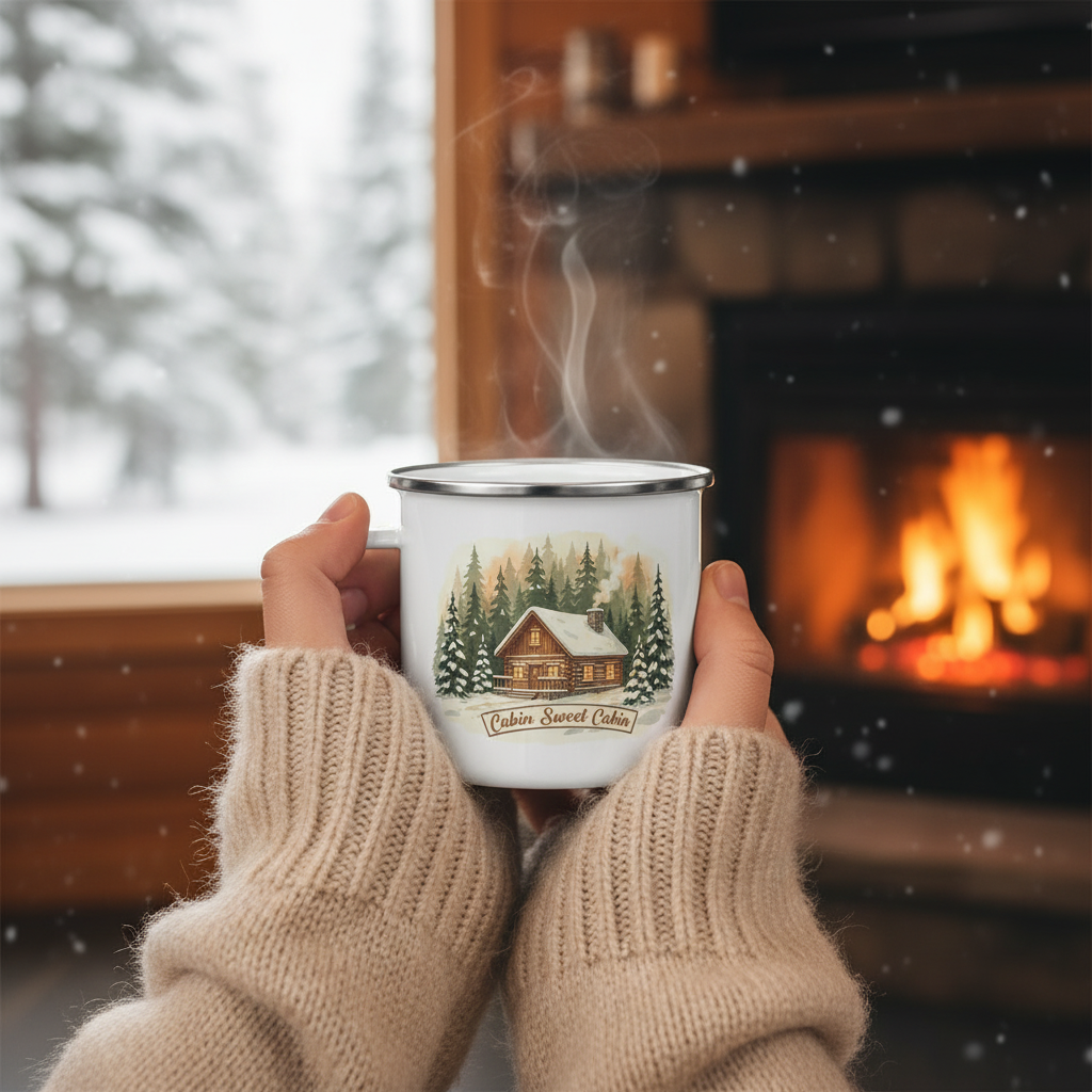 Winter cabin enamel mug with Cabin Sweet Cabin text - rustic outdoor coffee cup
