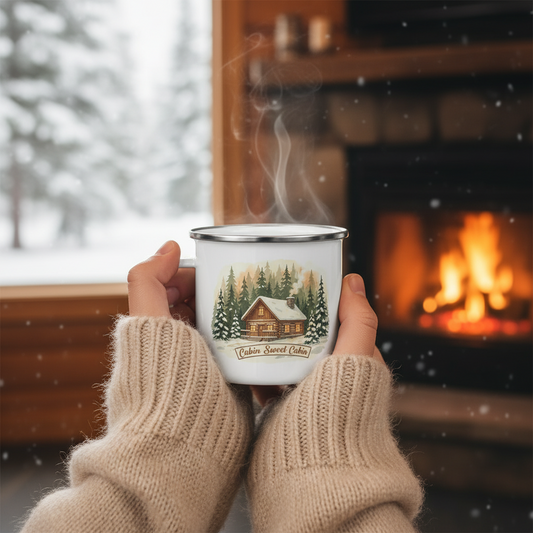 Winter cabin enamel mug with Cabin Sweet Cabin text - rustic outdoor coffee cup
