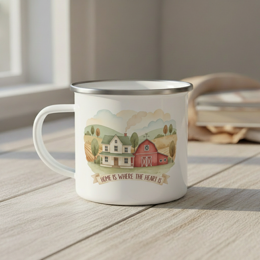 Home Is Where The Heart Is enamel mug with rustic farmhouse design on white background
