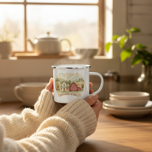 Rustic farmhouse enamel coffee cup with Home Is Where The Heart Is text - side view
