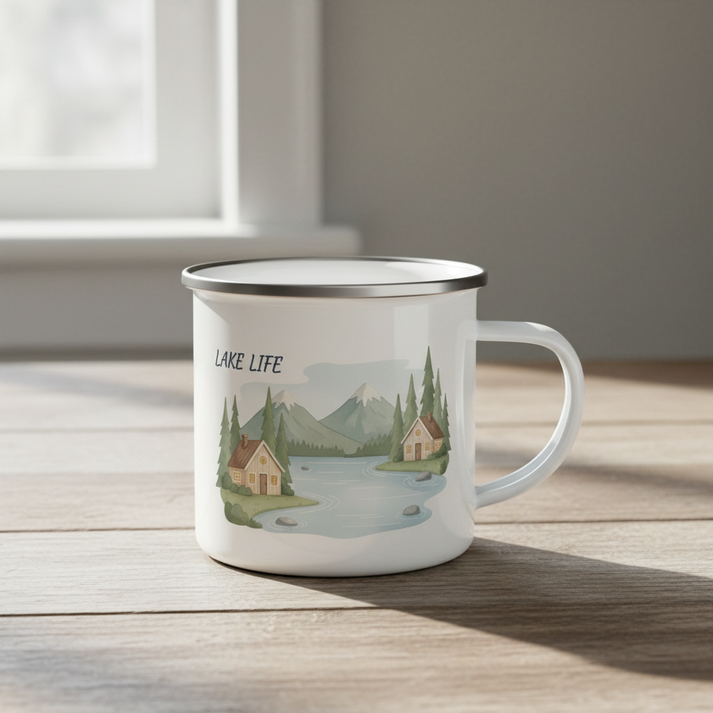 Lake Life enamel camping mug with rustic cabin and mountain lake design on white background
