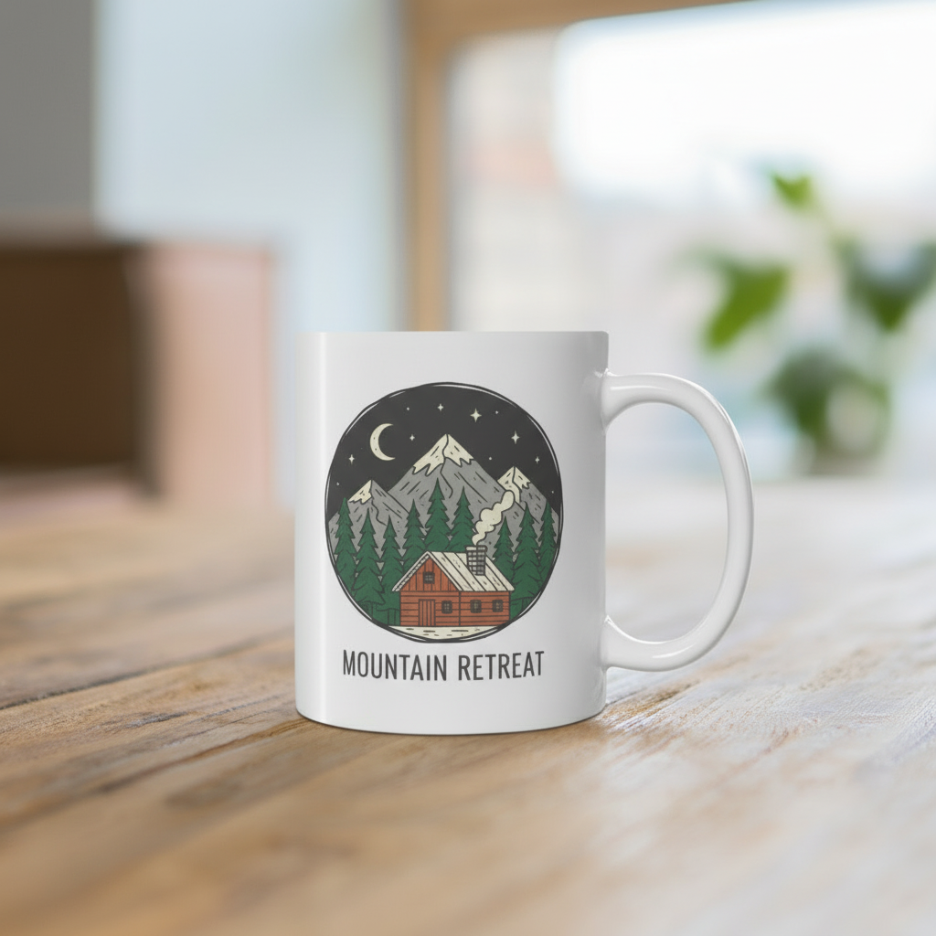 Mountain Retreat coffee mug with cozy cabin nightscape design on wooden surface - 11oz ceramic
