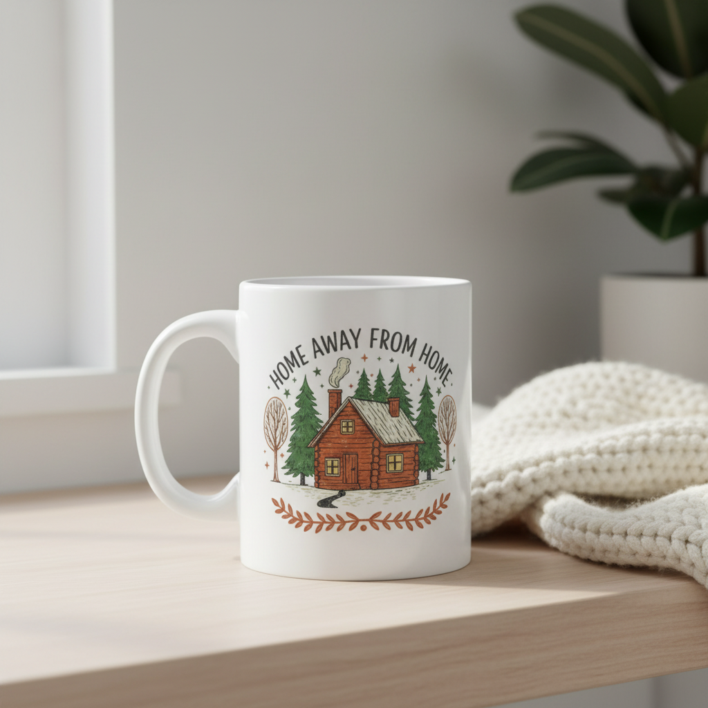 Rustic cabin travel mug with vintage mountain design on white background
