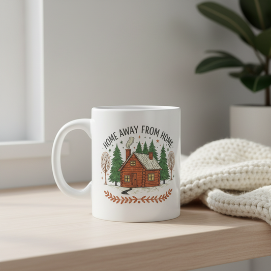 Rustic cabin travel mug with vintage mountain design on white background
