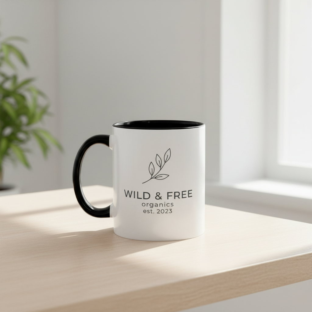 White mug with black interior and handle on a wooden surface, featuring 'Wild & Free Organics' branding.