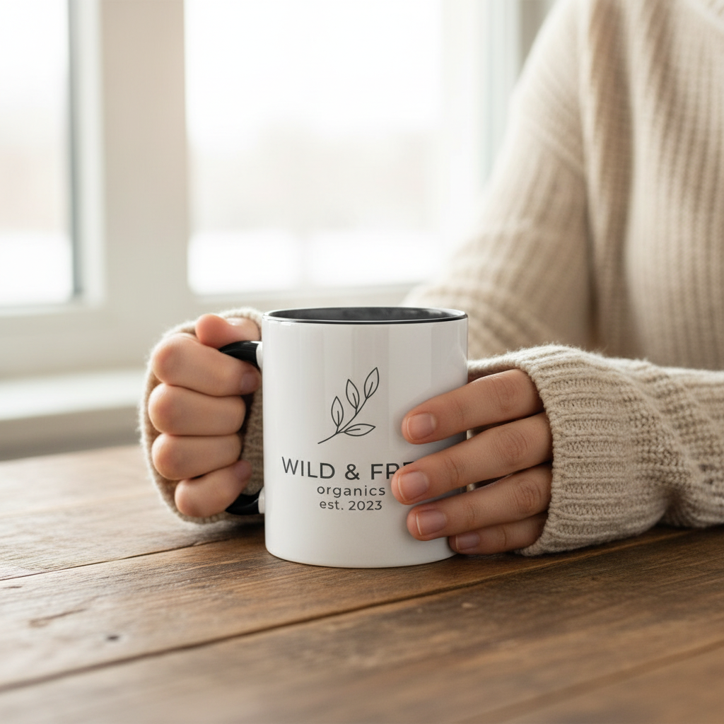 Person holding a white mug with 'WILD & FREE organics est. 2023' text on a wooden surface.