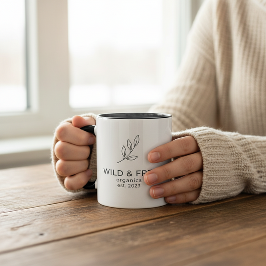 Person holding a white mug with 'WILD & FREE organics est. 2023' text on a wooden surface.
