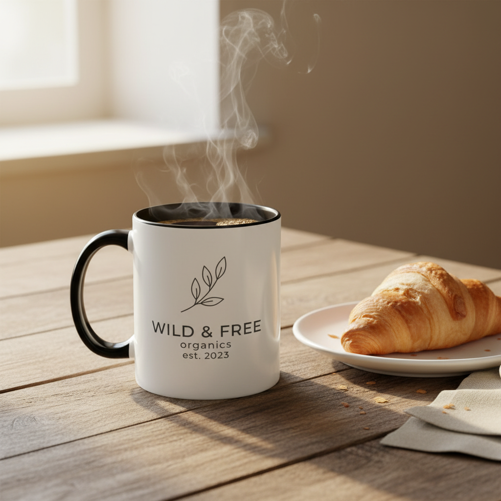 Steaming mug with 'Wild & Free Organics' branding on a wooden table with a croissant.