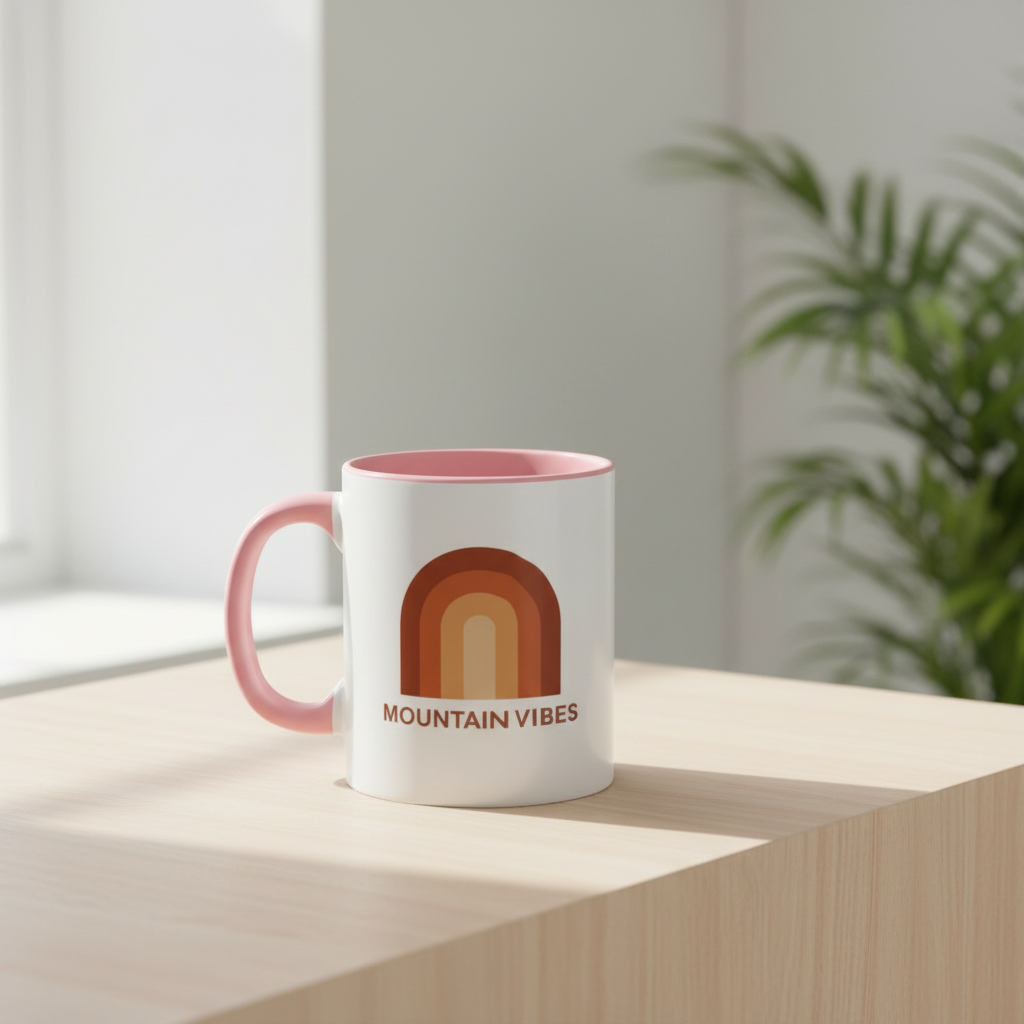 Mountain Vibes retro rainbow coffee mug with pink interior and handle on white background

