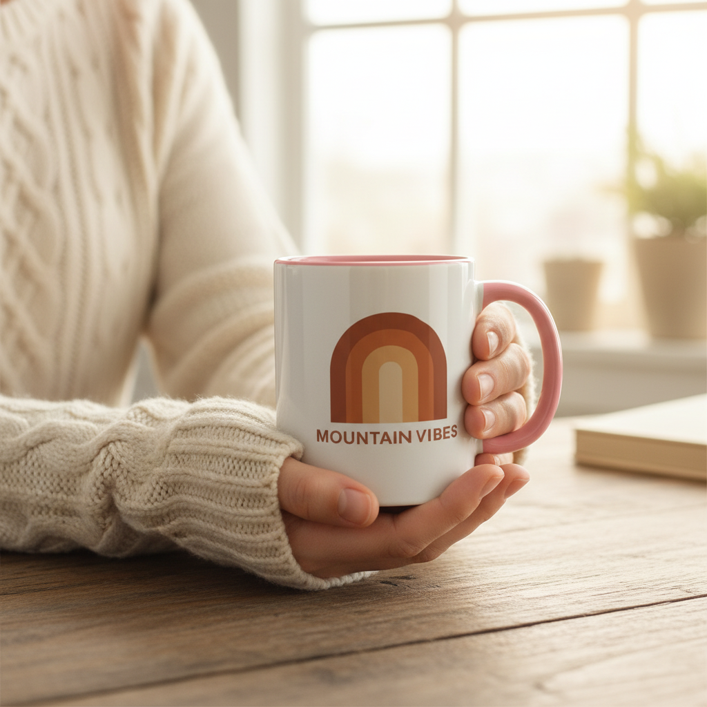 Vintage-style mountain coffee cup with rainbow design and pink accents
