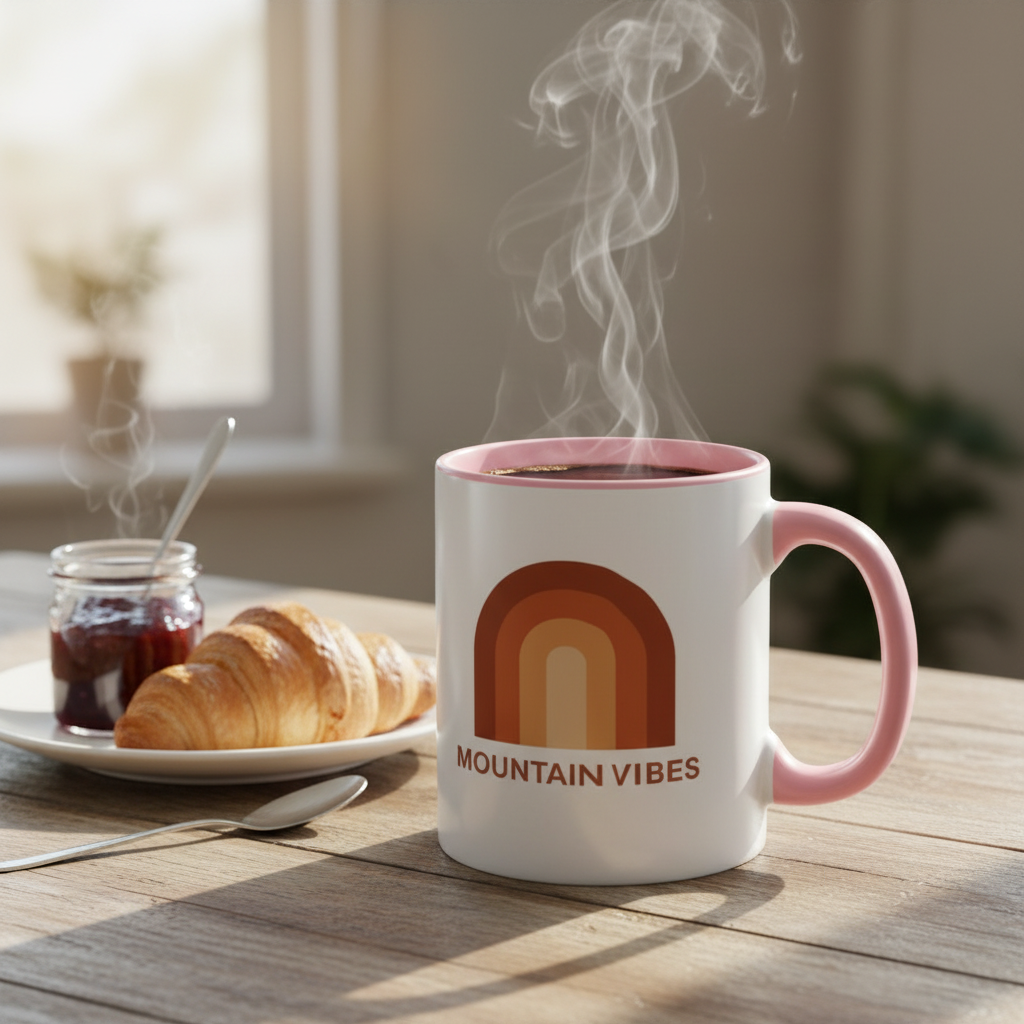 Mountain Vibes accent mug showing pink interior - vintage rainbow design coffee cup
