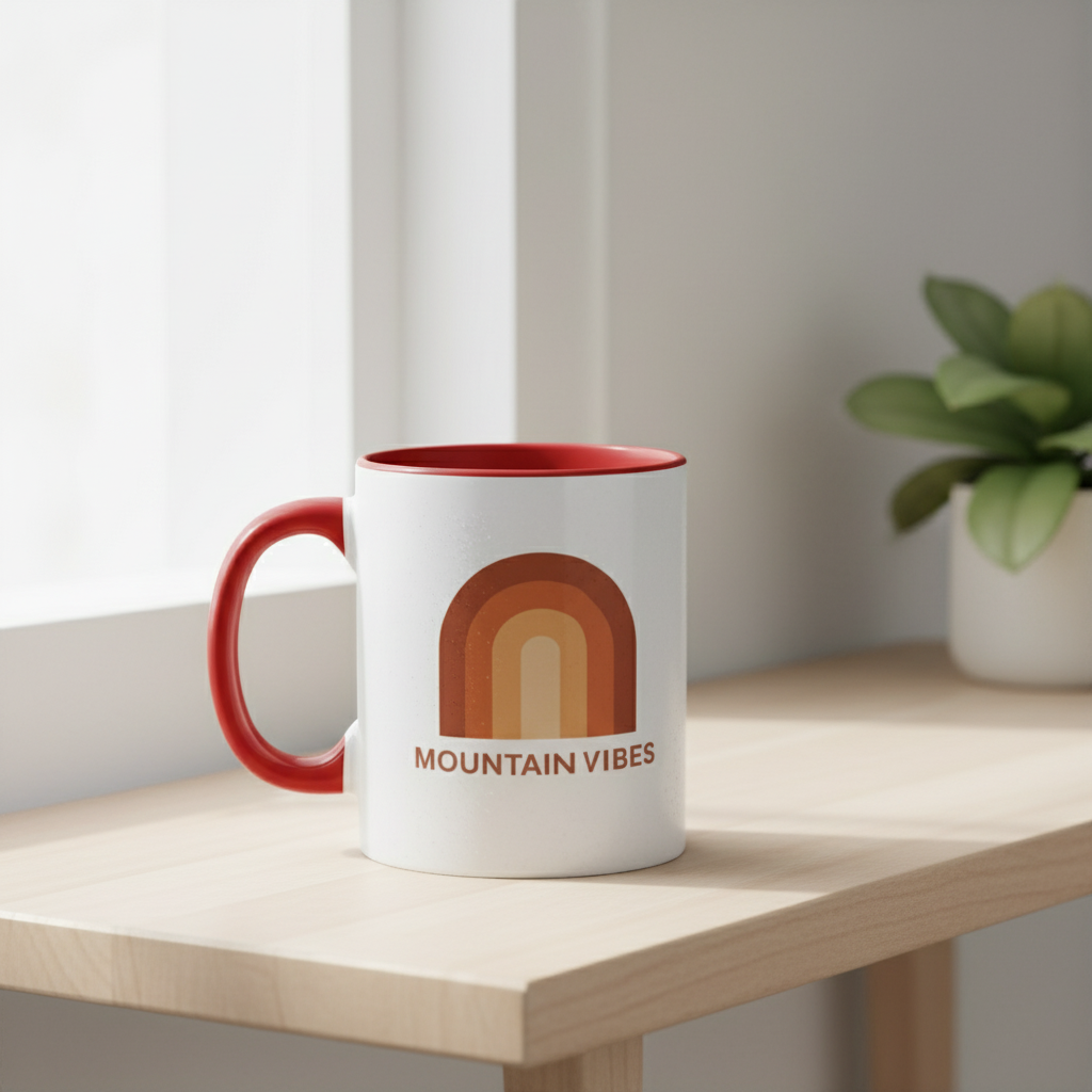 Retro rainbow coffee mug with mountain vibes text - pink handle detail
