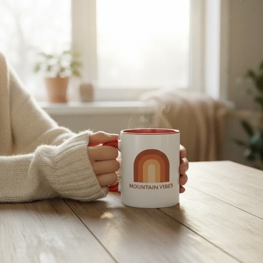 Retro rainbow mountain mug with pink accent - 11oz ceramic coffee cup side view
