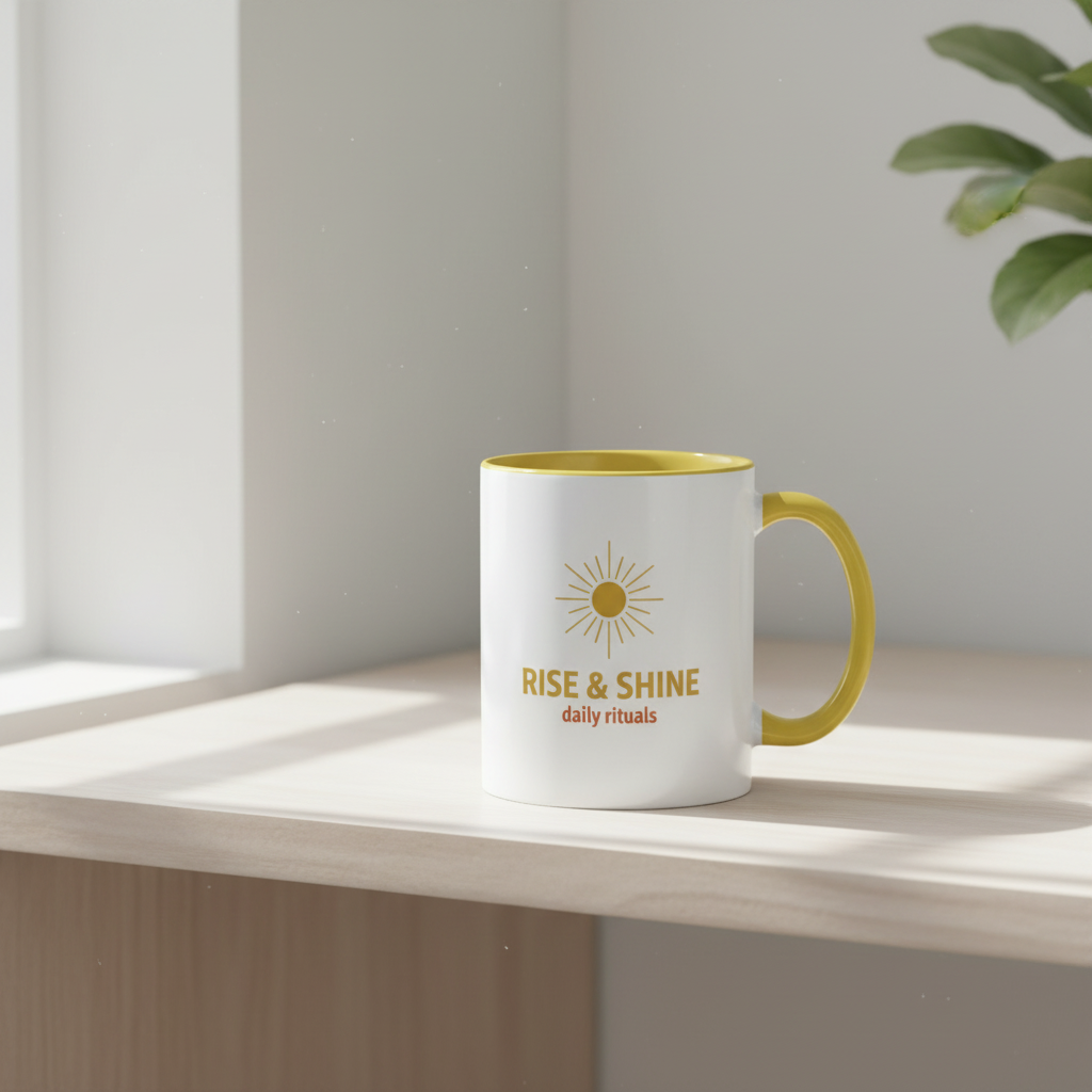 Rise and Shine coffee mug with retro sun design and daily rituals text on white background
