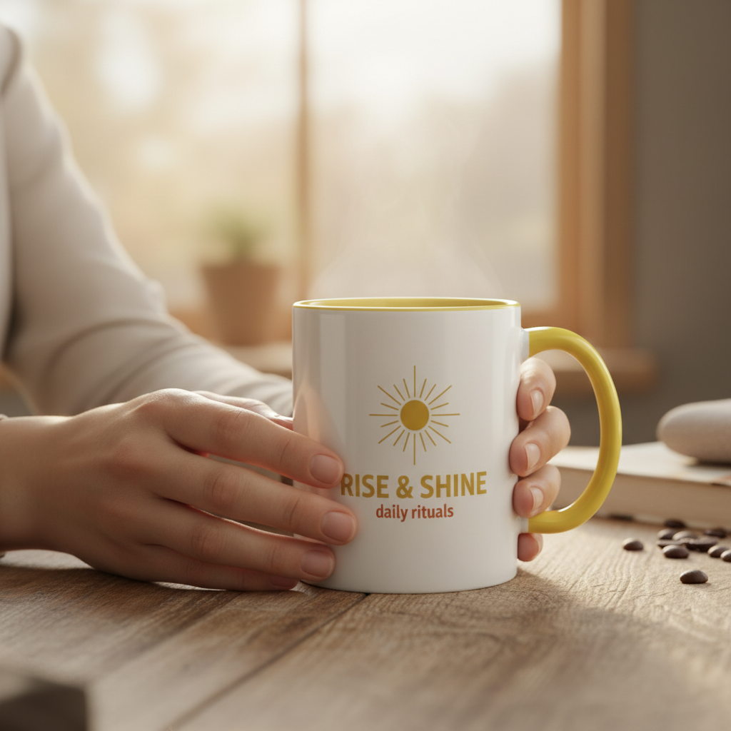 Rise and Shine 11oz ceramic mug with vintage sunrise graphic - side view
