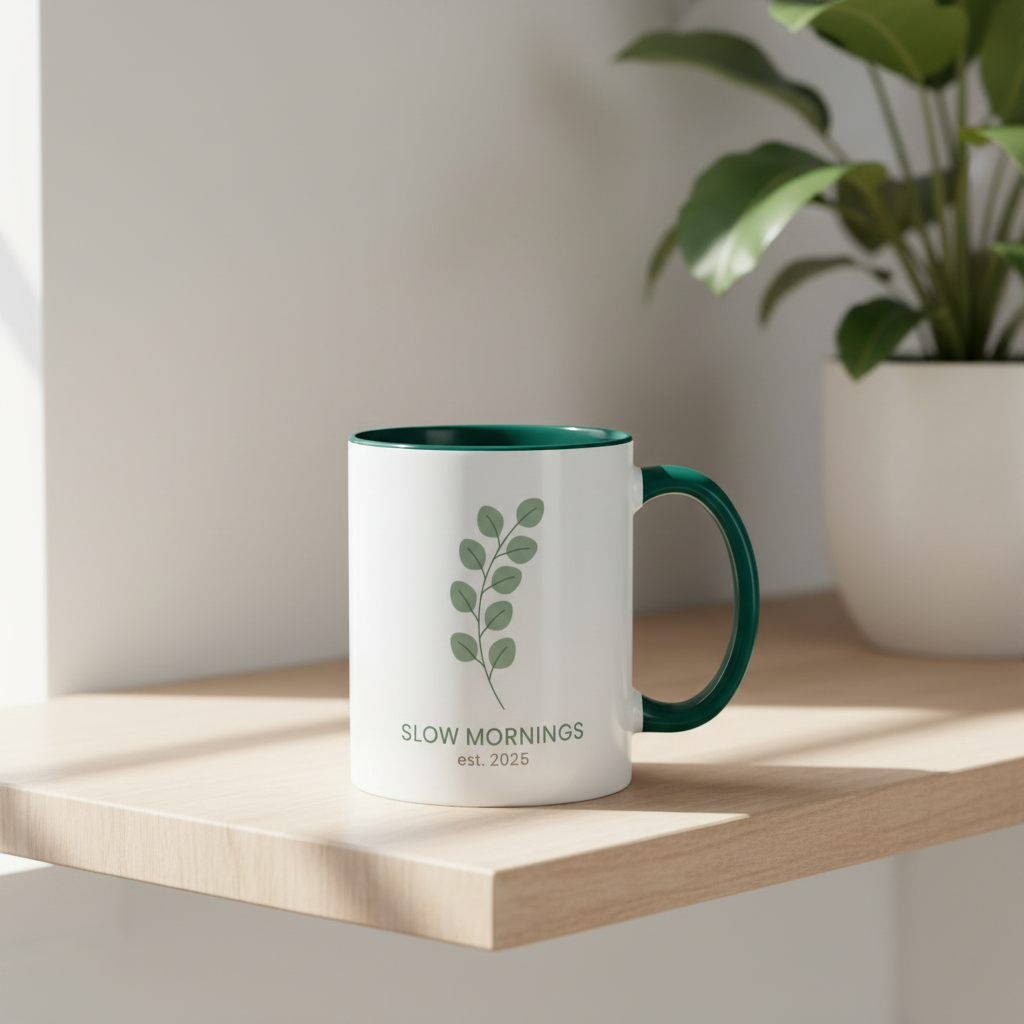 Green Leaf ceramic coffee mug with botanical monstera design on white background
