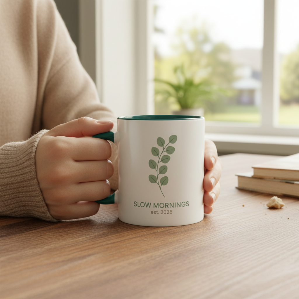 Green Leaf 11oz mug with tropical leaf pattern - side view showing handle
