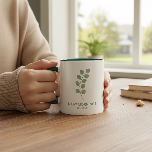 Green Leaf 11oz mug with tropical leaf pattern - side view showing handle

