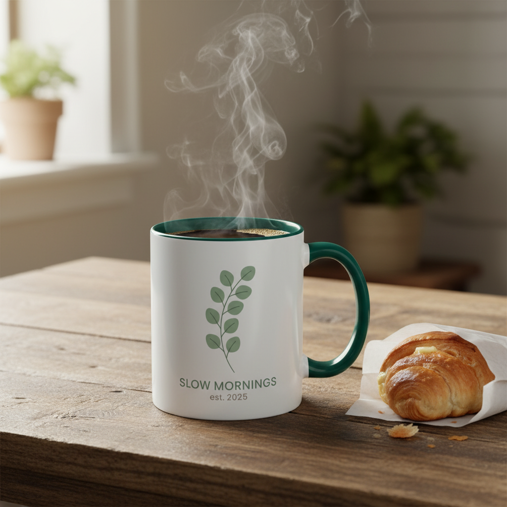 Ceramic coffee cup with green monstera leaf design - microwave and dishwasher safe
