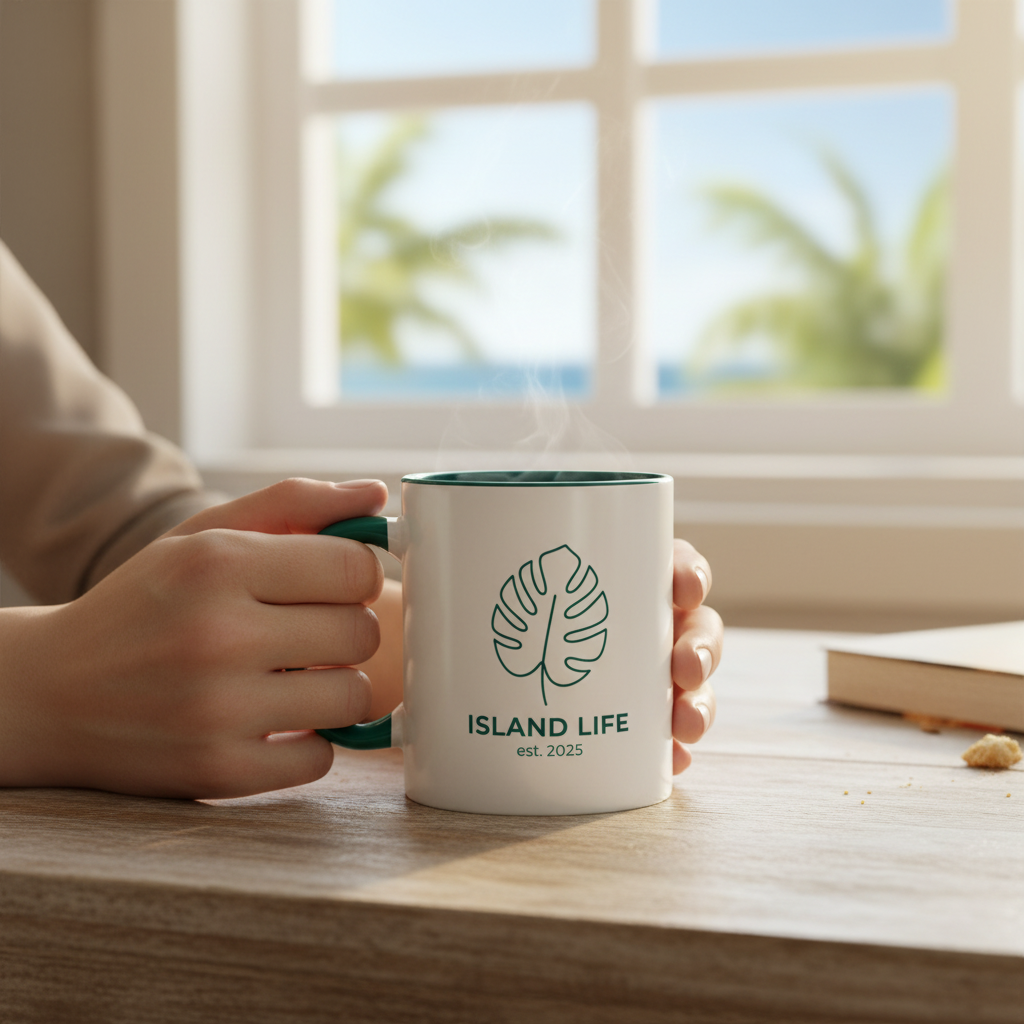 Island Life 11oz ceramic mug with tropical monstera pattern - side view showing green interior
