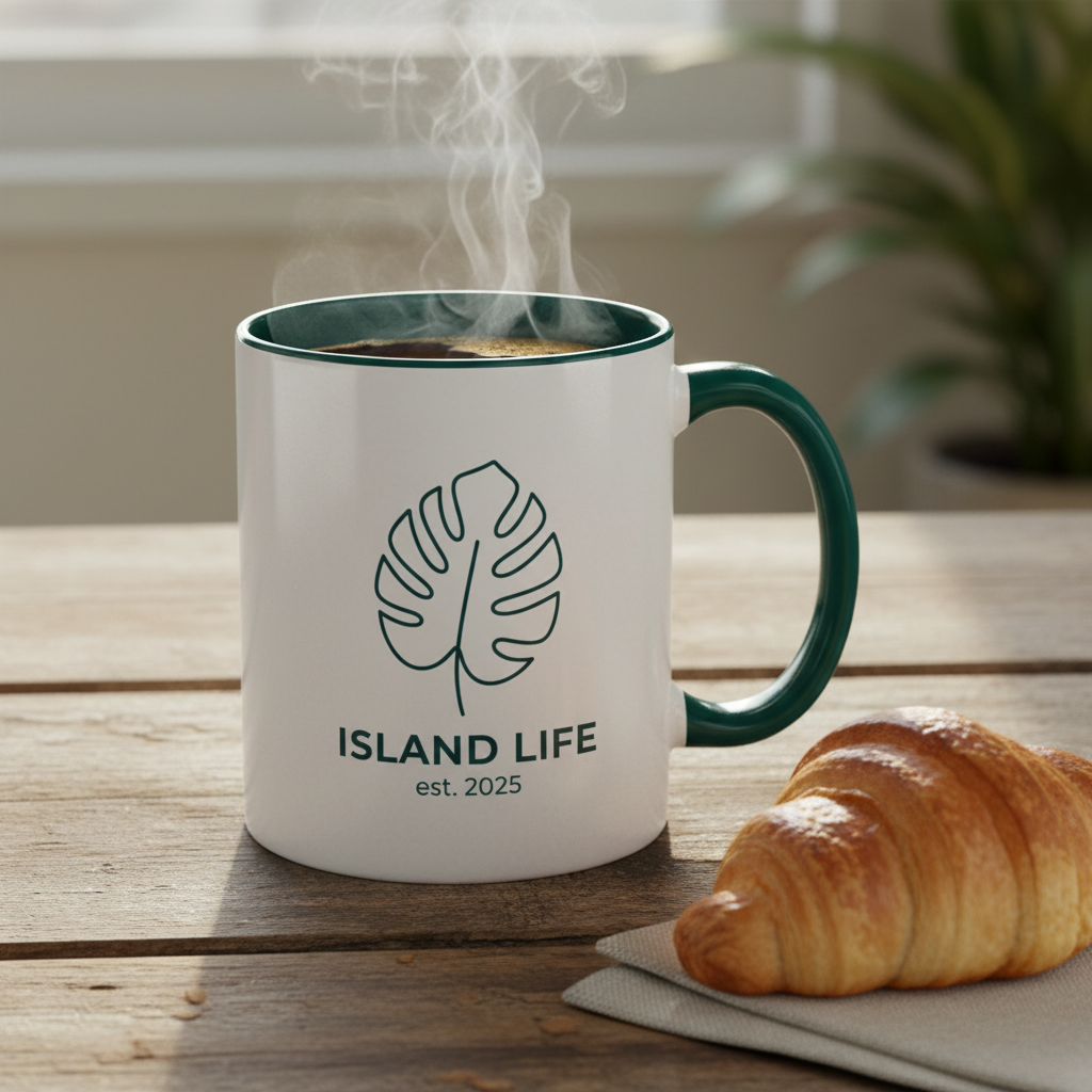 Tropical Island Life coffee cup with monstera leaves - microwave and dishwasher safe ceramic mug
