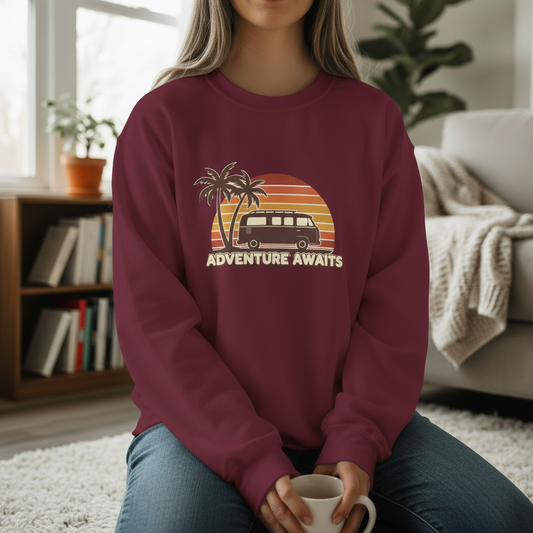 Adventure Awaits Retro Van & Palm Tree Crewneck Sweatshirt