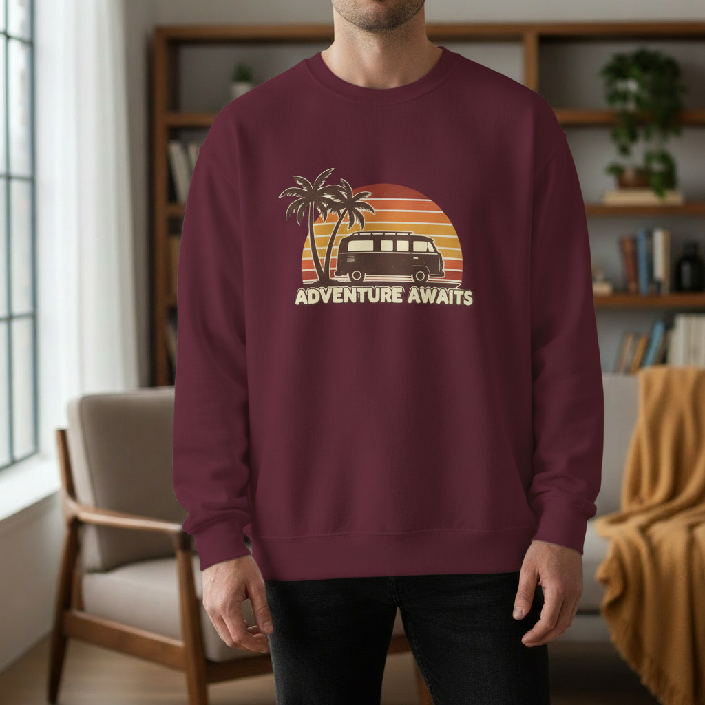 Adventure Awaits Retro Van & Palm Tree Crewneck Sweatshirt