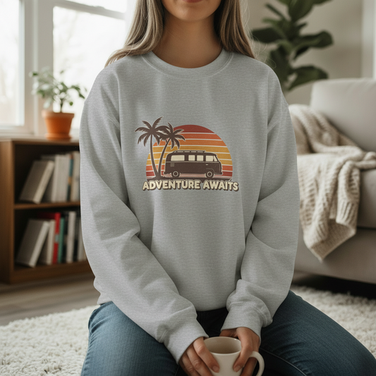 Adventure Awaits Retro Van & Palm Tree Crewneck Sweatshirt