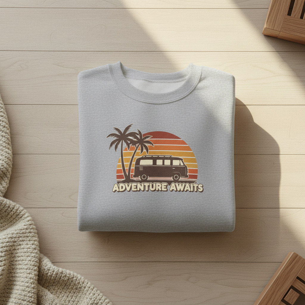 Adventure Awaits Retro Van & Palm Tree Crewneck Sweatshirt