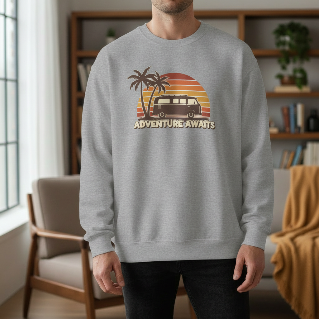Adventure Awaits Retro Van & Palm Tree Crewneck Sweatshirt