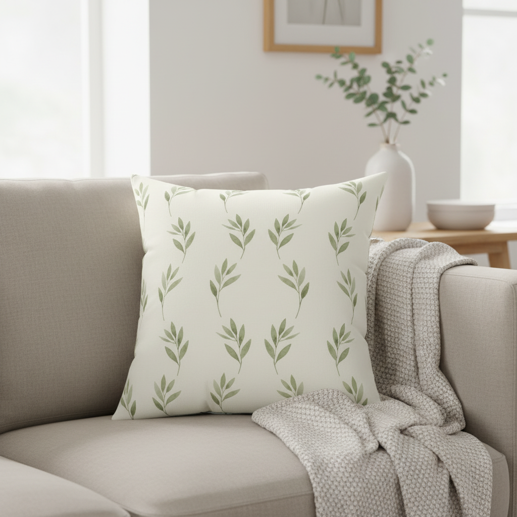 Sage green olive branch botanical throw pillow on beige sofa - 18x18 decorative pillow for living room